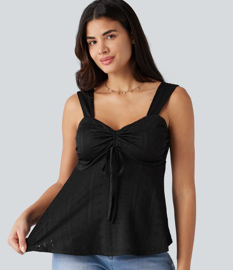 Débardeur décontracté froncé avec cordon de serrage, broderie anglaise et soutien-gorge intégré Débardeur décontracté froncé avec cordon de serrage, broderie anglaise et soutien-gorge intégré