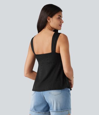 Débardeur décontracté froncé avec cordon de serrage, broderie anglaise et soutien-gorge intégré Débardeur décontracté froncé avec cordon de serrage, broderie anglaise et soutien-gorge intégré