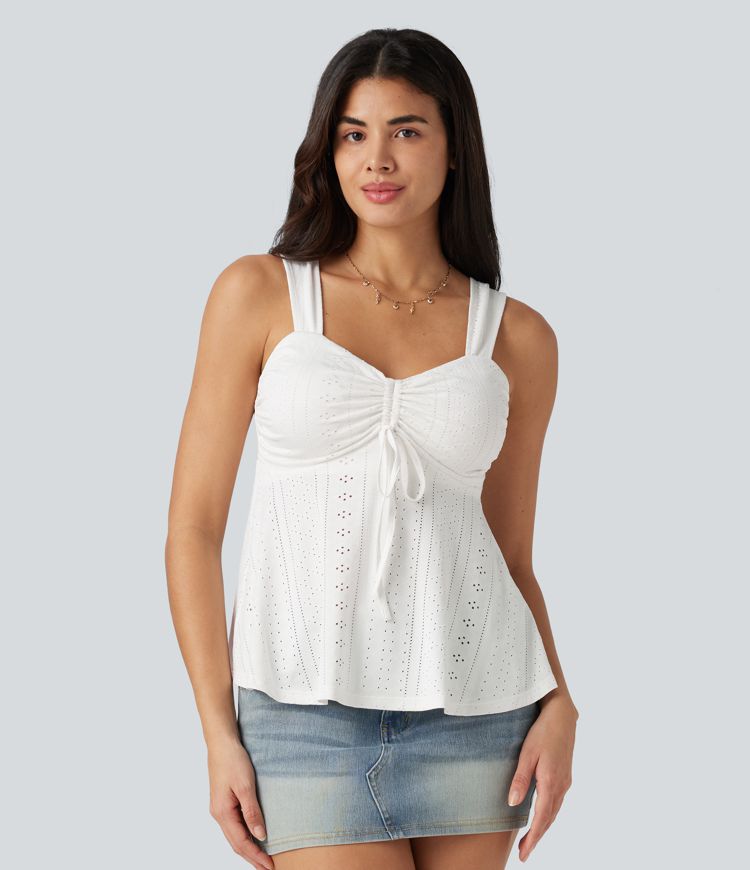 Ruched Drawstring Built-in Bra Eyelet Casual Tank Top