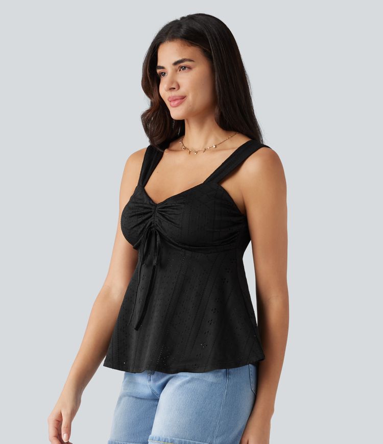 Débardeur décontracté froncé avec cordon de serrage, broderie anglaise et soutien-gorge intégré Débardeur décontracté froncé avec cordon de serrage, broderie anglaise et soutien-gorge intégré