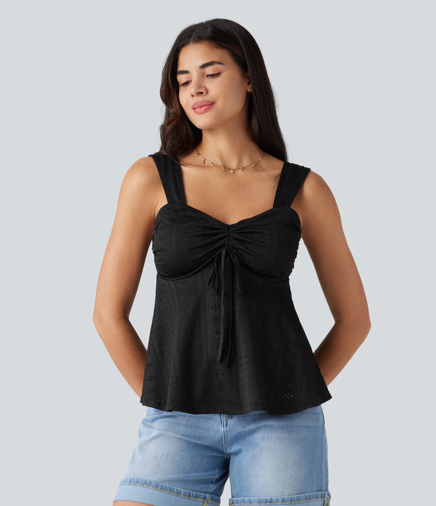 Débardeur décontracté froncé avec cordon de serrage, broderie anglaise et soutien-gorge intégré Débardeur décontracté froncé avec cordon de serrage, broderie anglaise et soutien-gorge intégré