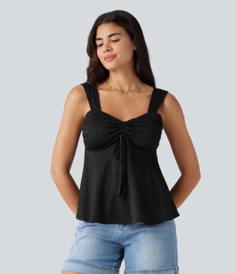 Débardeur décontracté froncé avec cordon de serrage, broderie anglaise et soutien-gorge intégré Débardeur décontracté froncé avec cordon de serrage, broderie anglaise et soutien-gorge intégré