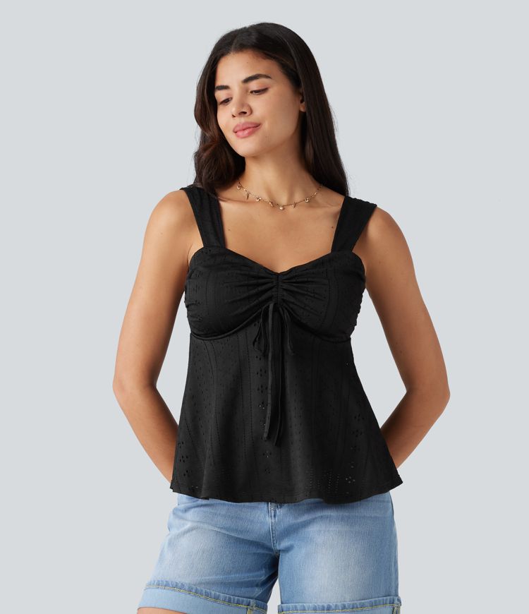 Débardeur décontracté froncé avec cordon de serrage, broderie anglaise et soutien-gorge intégré Débardeur décontracté froncé avec cordon de serrage, broderie anglaise et soutien-gorge intégré