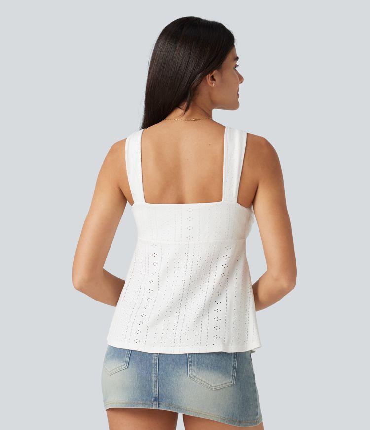 Ruched Drawstring Built-in Bra Eyelet Casual Tank Top