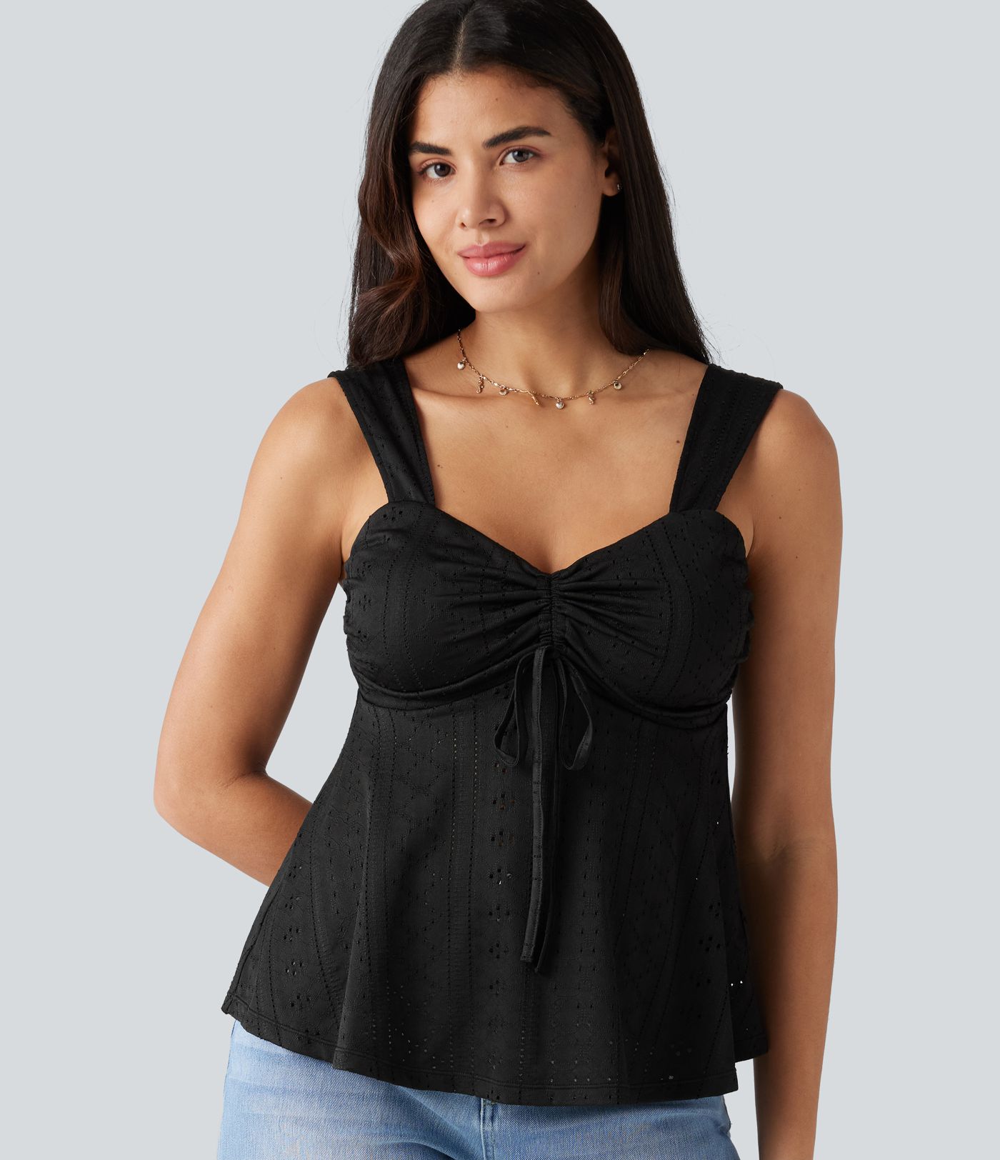 Débardeur décontracté froncé avec cordon de serrage, broderie anglaise et soutien-gorge intégré Débardeur décontracté froncé avec cordon de serrage, broderie anglaise et soutien-gorge intégré