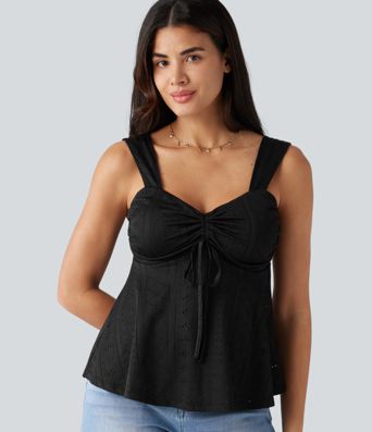 Débardeur décontracté froncé avec cordon de serrage, broderie anglaise et soutien-gorge intégré Débardeur décontracté froncé avec cordon de serrage, broderie anglaise et soutien-gorge intégré