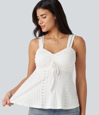 Ruched Drawstring Built-in Bra Eyelet Casual Tank Top