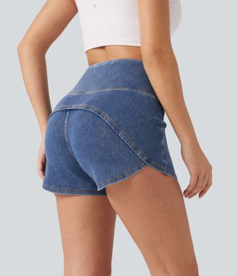 Halara Flex™ High Waisted Tummy Control Curved Hem Skinny Denim Casual Shorts with Pockets