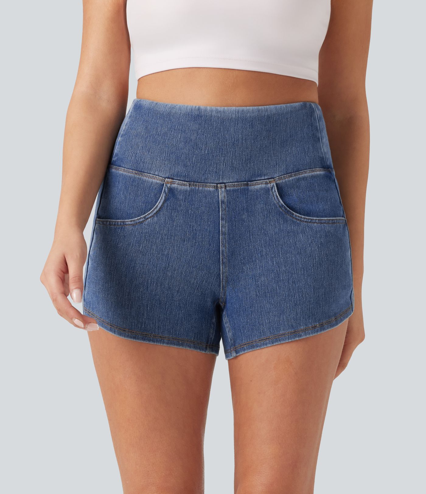 Halara Flex™ High Waisted Tummy Control Curved Hem Skinny Denim Casual Shorts with Pockets
