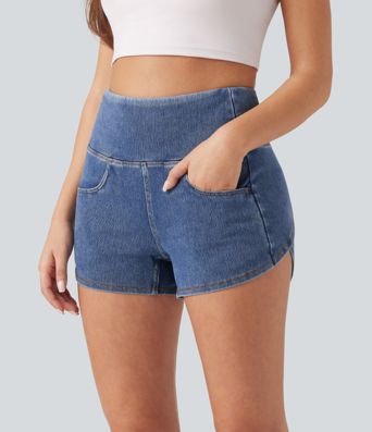 Halara Flex™ High Waisted Tummy Control Curved Hem Skinny Denim Casual Shorts with Pockets