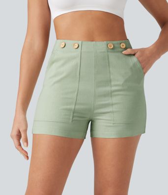 Short taille haute décontracté en lin stretch 7,5 cm avec poches