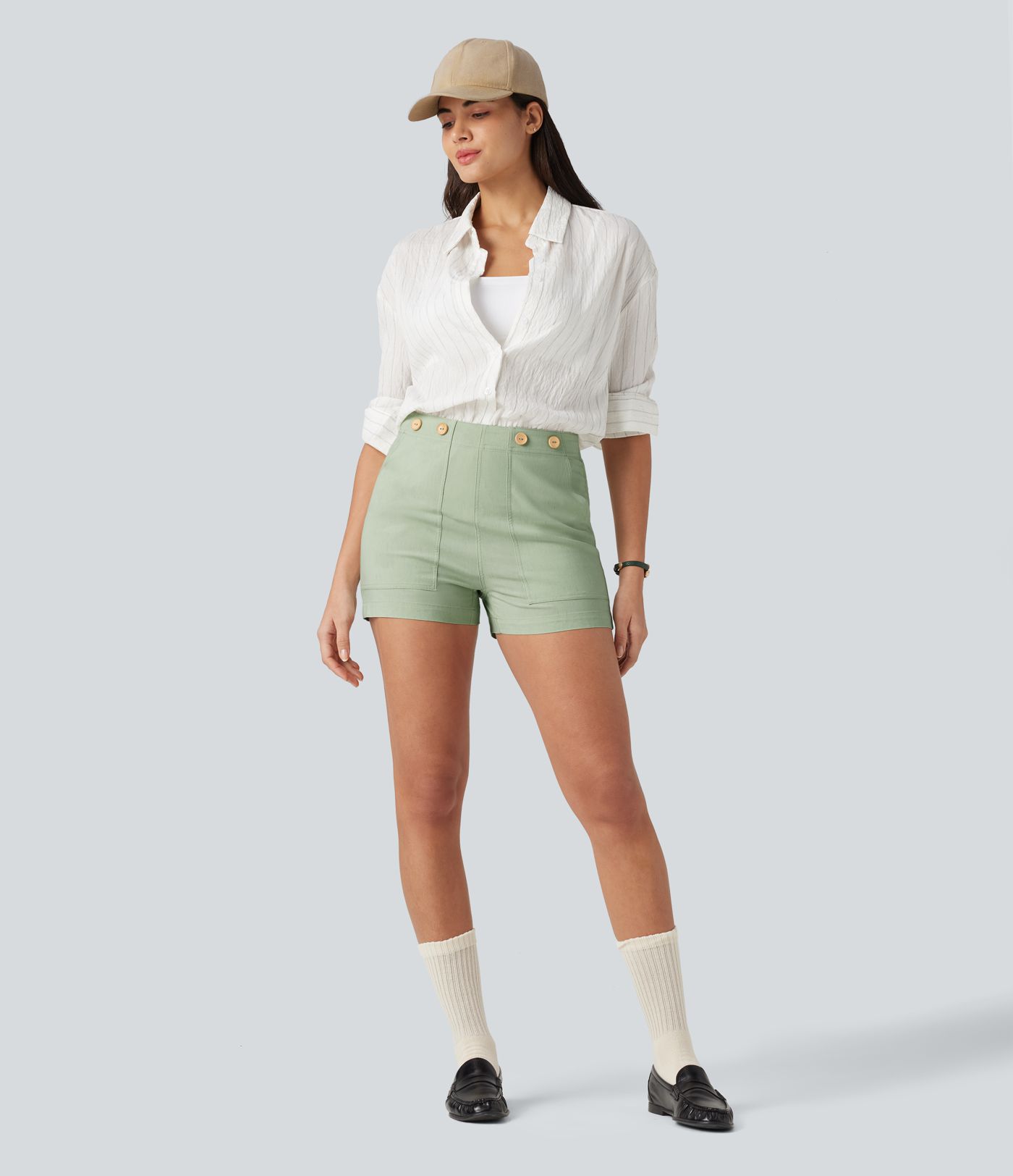 Short taille haute décontracté en lin stretch 7,5 cm avec poches