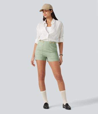 Short taille haute décontracté en lin stretch 7,5 cm avec poches