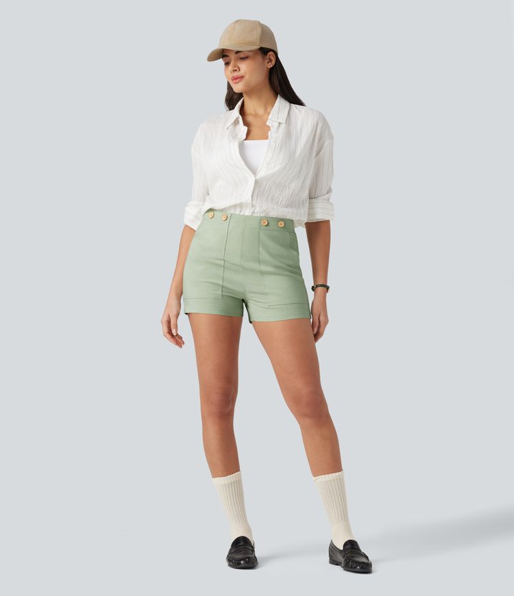 Short taille haute décontracté en lin stretch 7,5 cm avec poches