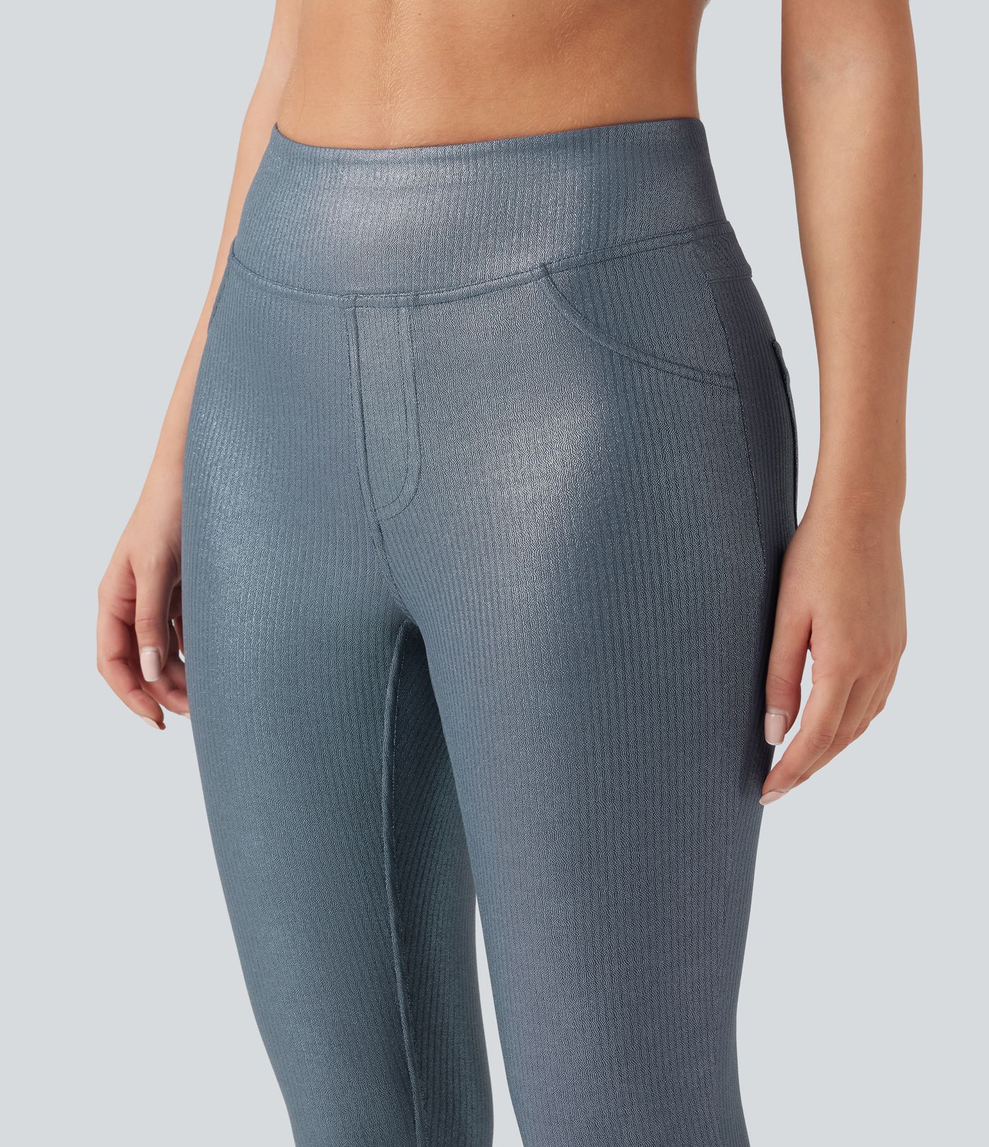 Ribbed Knit High Waisted Foil Print Yoga Leggings with Pockets Ribbed Knit High Waisted Foil Print Yoga Leggings with Pockets