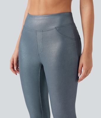 Ribbed Knit High Waisted Foil Print Yoga Leggings with Pockets Ribbed Knit High Waisted Foil Print Yoga Leggings with Pockets