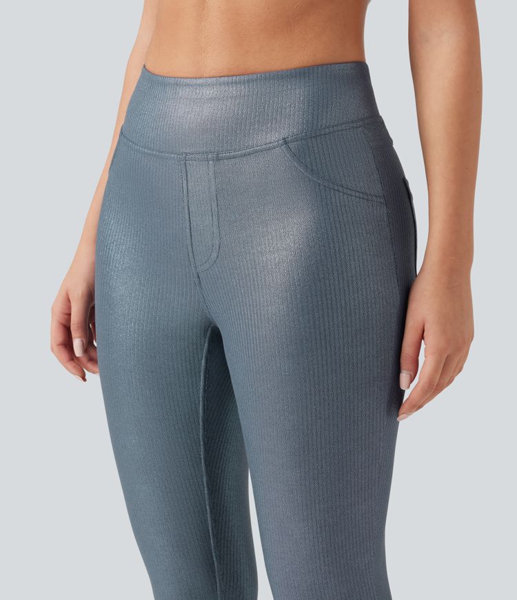 Ribbed Knit High Waisted Foil Print Yoga Leggings with Pockets Ribbed Knit High Waisted Foil Print Yoga Leggings with Pockets