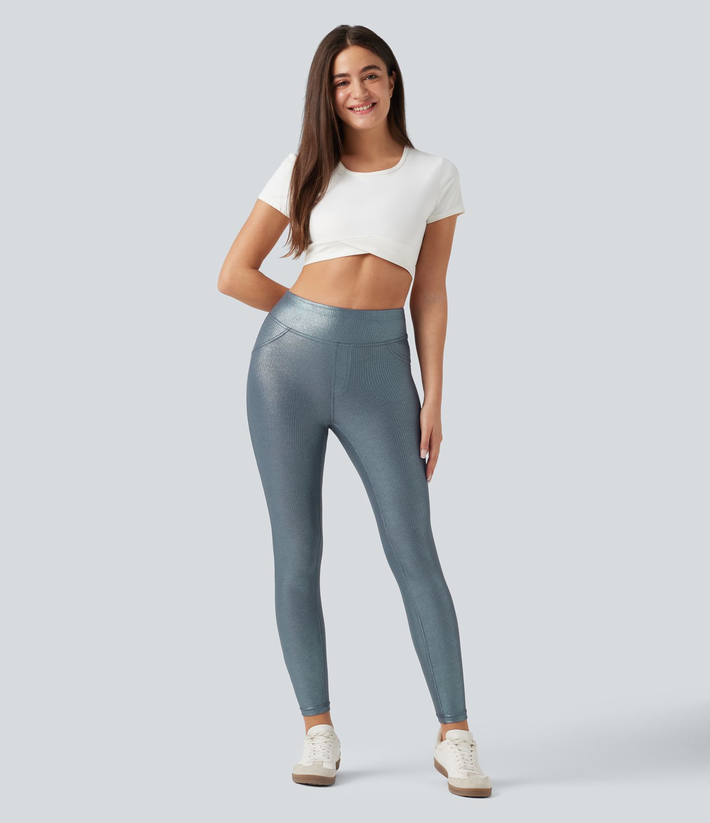 Ribbed Knit High Waisted Foil Print Yoga Leggings with Pockets Ribbed Knit High Waisted Foil Print Yoga Leggings with Pockets