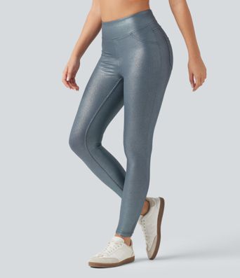 Ribbed Knit High Waisted Foil Print Yoga Leggings with Pockets Ribbed Knit High Waisted Foil Print Yoga Leggings with Pockets