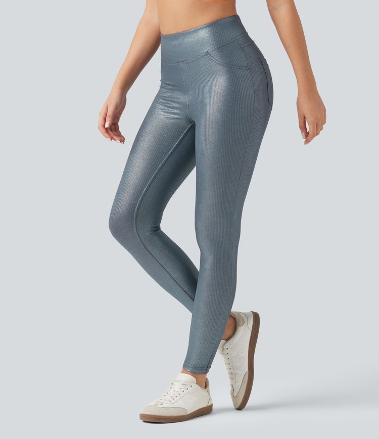 Ribbed Knit High Waisted Foil Print Yoga Leggings with Pockets Ribbed Knit High Waisted Foil Print Yoga Leggings with Pockets