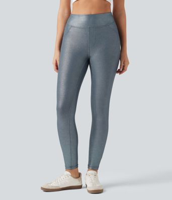 Ribbed Knit High Waisted Foil Print Yoga Leggings with Pockets Ribbed Knit High Waisted Foil Print Yoga Leggings with Pockets