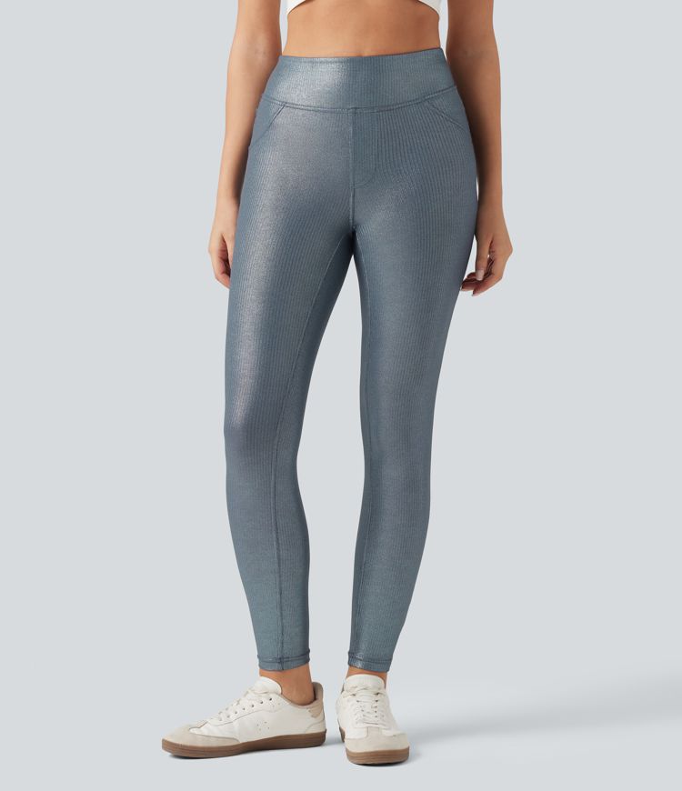 Ribbed Knit High Waisted Foil Print Yoga Leggings with Pockets Ribbed Knit High Waisted Foil Print Yoga Leggings with Pockets