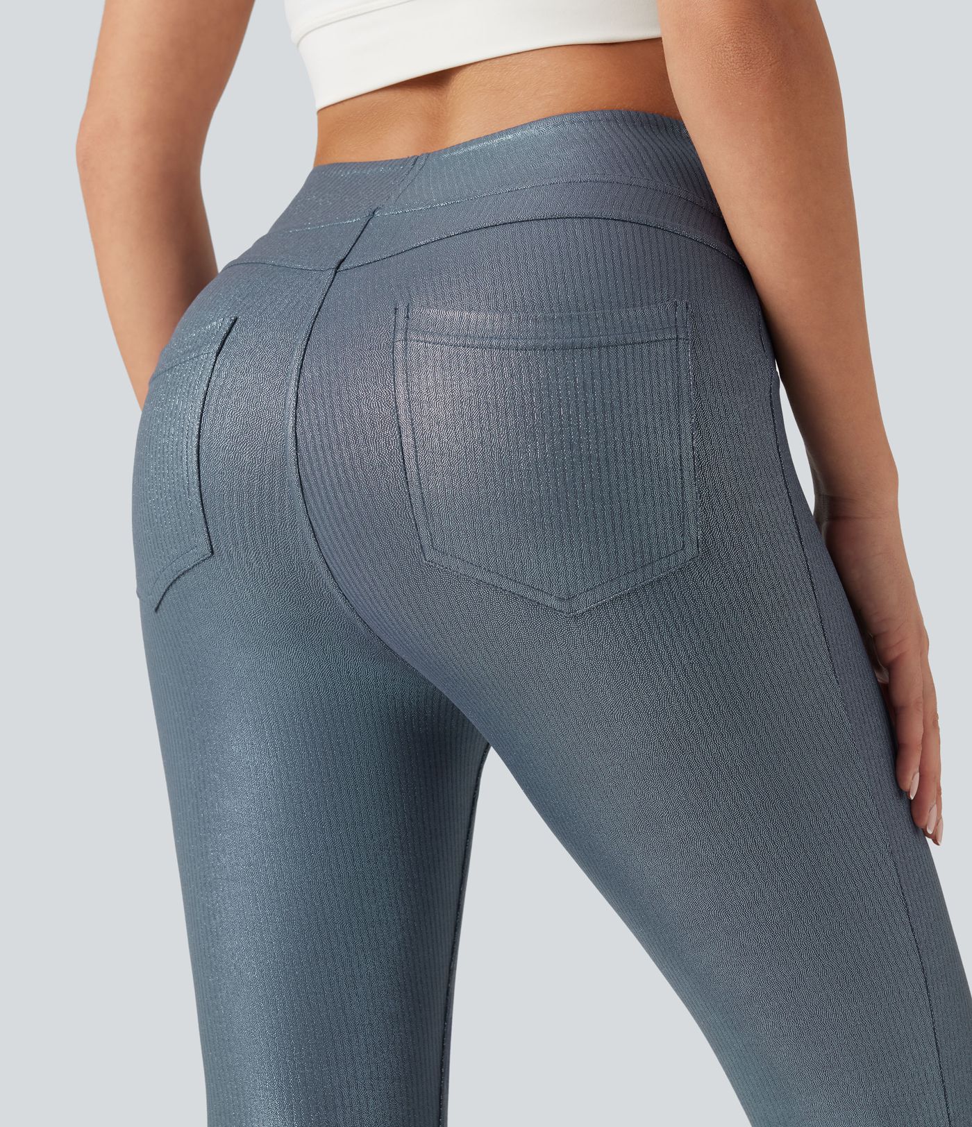 Ribbed Knit High Waisted Foil Print Yoga Leggings with Pockets Ribbed Knit High Waisted Foil Print Yoga Leggings with Pockets