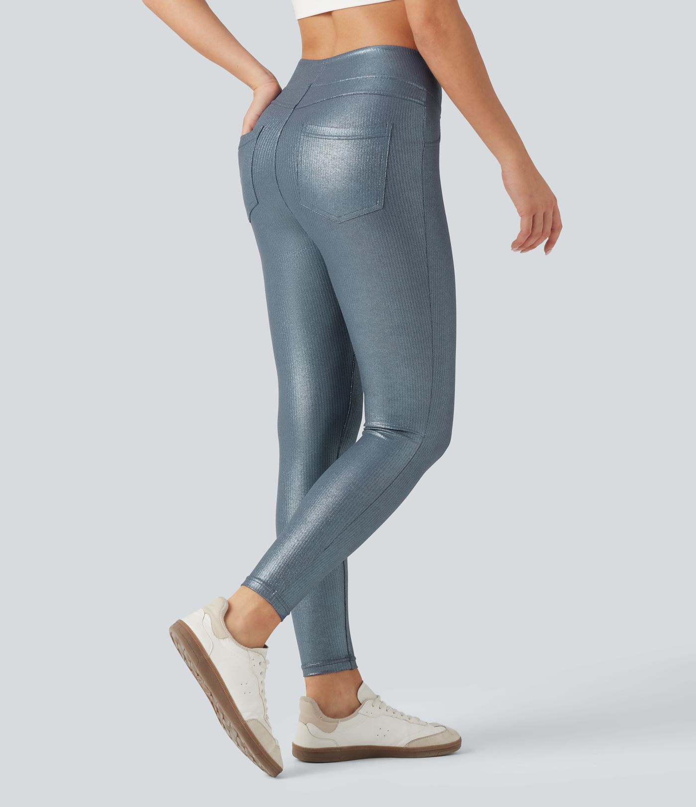 Ribbed Knit High Waisted Foil Print Yoga Leggings with Pockets Ribbed Knit High Waisted Foil Print Yoga Leggings with Pockets