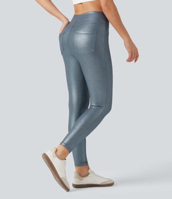 Ribbed Knit High Waisted Foil Print Yoga Leggings with Pockets Ribbed Knit High Waisted Foil Print Yoga Leggings with Pockets