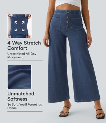 Jeans Halara Flex™ denim de tiro alto anchos elásticos y con bolsillos y botones
