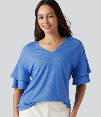 V-neck Flounce Sleeve Casual Top