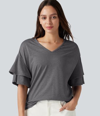 V-neck Flounce Sleeve Casual Top