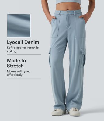 Halara Flex™ Mid Rise Draped Lyocell Washed Casual Straight Leg Cargo Jeans with Pockets