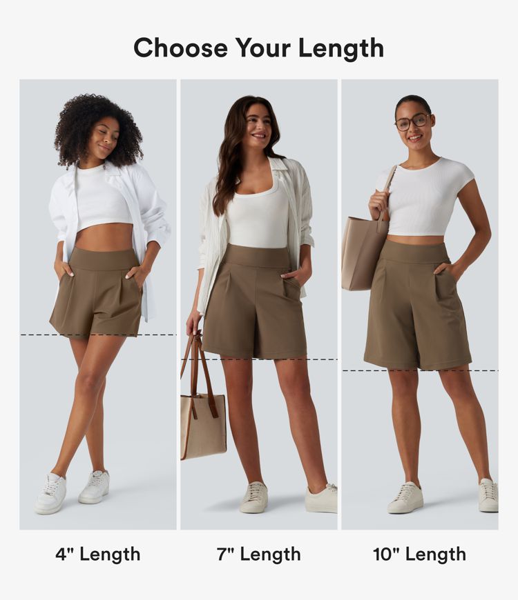 DayStretch High Waisted Pleated Work Bermuda Shorts 10'' with Pockets