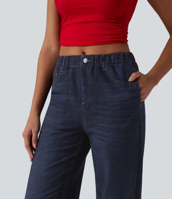 Mid Rise Denim Print French Terry Casual Sweatpants Jeans with Pockets Mid Rise Denim Print French Terry Casual Sweatpants Jeans with Pockets