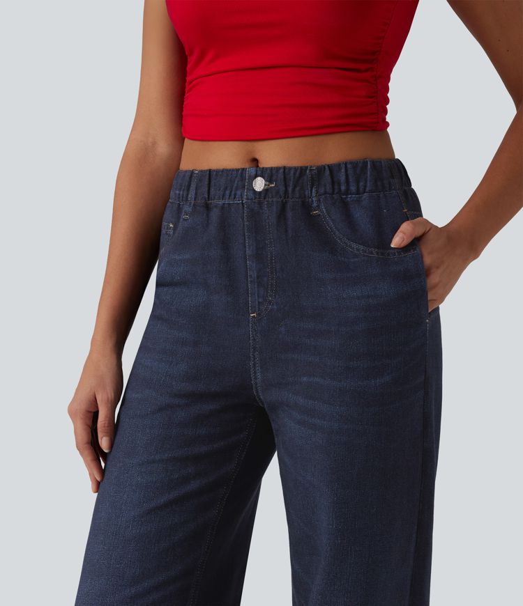 Mid Rise Denim Print French Terry Casual Sweatpants Jeans with Pockets Mid Rise Denim Print French Terry Casual Sweatpants Jeans with Pockets