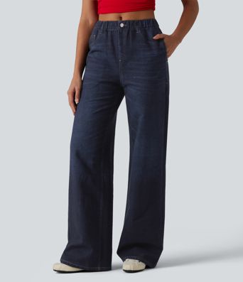 Mid Rise Denim Print French Terry Casual Sweatpants Jeans with Pockets Mid Rise Denim Print French Terry Casual Sweatpants Jeans with Pockets