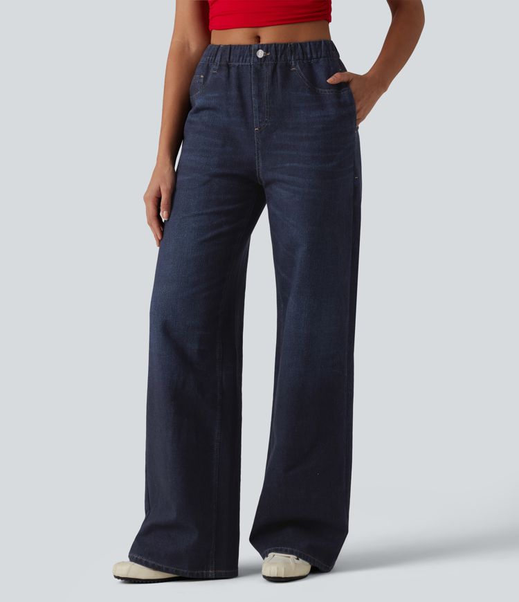 Mid Rise Denim Print French Terry Casual Sweatpants Jeans with Pockets Mid Rise Denim Print French Terry Casual Sweatpants Jeans with Pockets