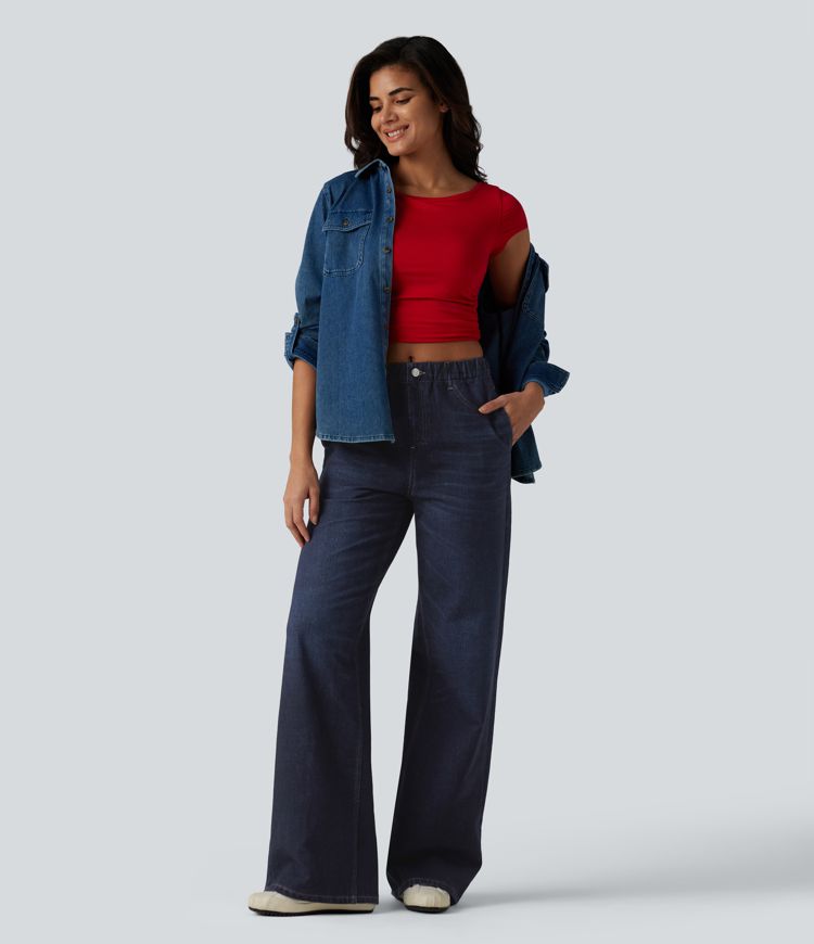 Mid Rise Denim Print French Terry Casual Sweatpants Jeans with Pockets Mid Rise Denim Print French Terry Casual Sweatpants Jeans with Pockets