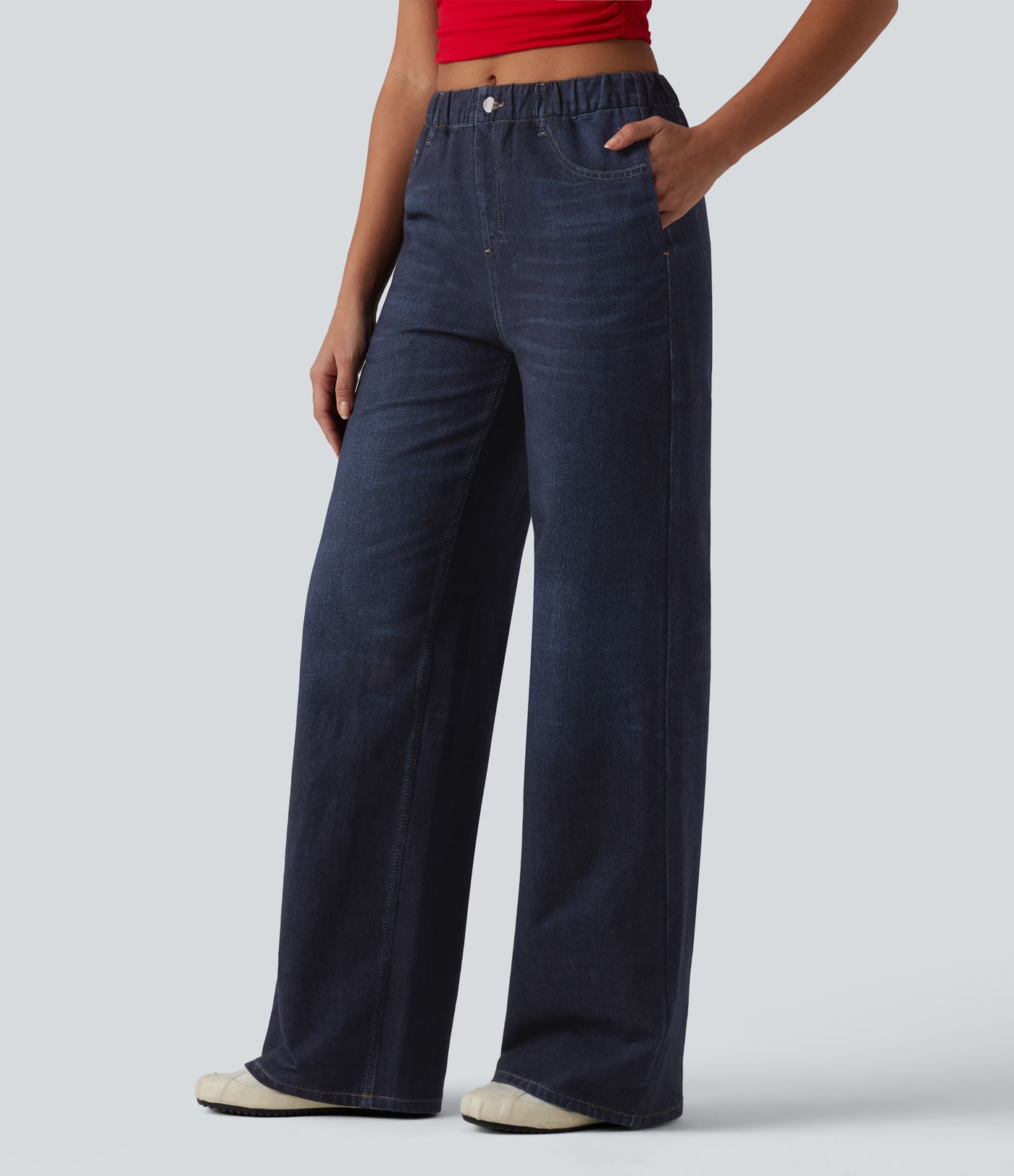 Mid Rise Denim Print French Terry Casual Sweatpants Jeans with Pockets Mid Rise Denim Print French Terry Casual Sweatpants Jeans with Pockets