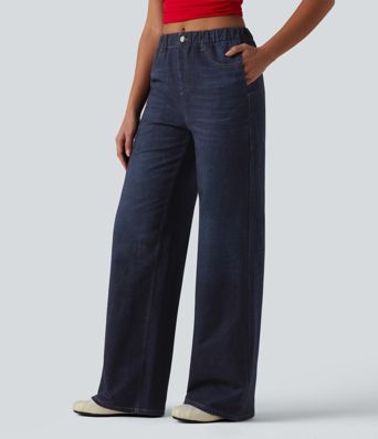 Mid Rise Denim Print French Terry Casual Sweatpants Jeans with Pockets Mid Rise Denim Print French Terry Casual Sweatpants Jeans with Pockets