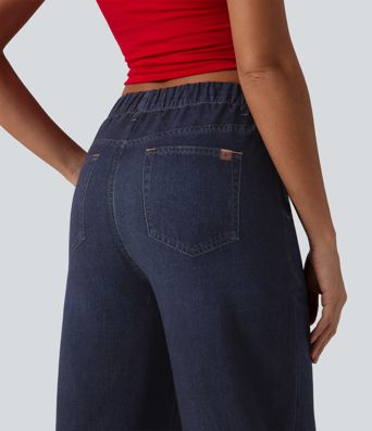 Mid Rise Denim Print French Terry Casual Sweatpants Jeans with Pockets Mid Rise Denim Print French Terry Casual Sweatpants Jeans with Pockets