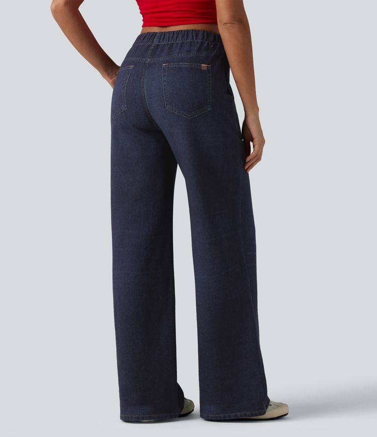Mid Rise Denim Print French Terry Casual Sweatpants Jeans with Pockets Mid Rise Denim Print French Terry Casual Sweatpants Jeans with Pockets