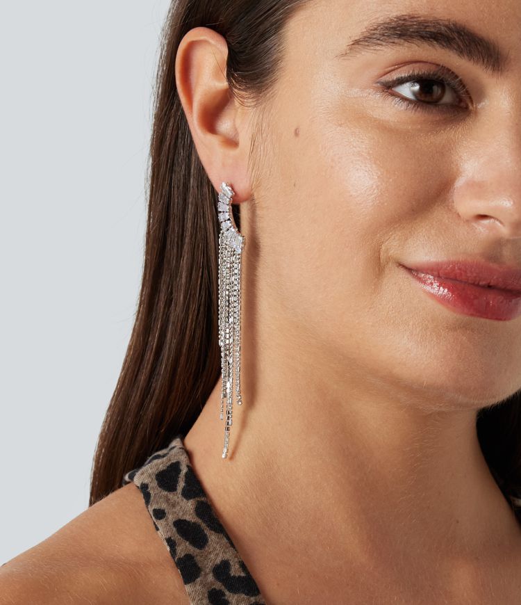 Rhinestone Tassel Long Earrings