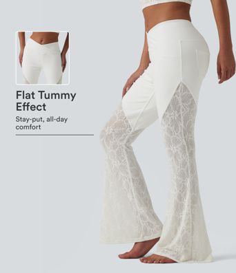 Halara Flex™ High Waisted Tummy Control Crossover Contrast Lace Flare Casual Jeans with Pockets