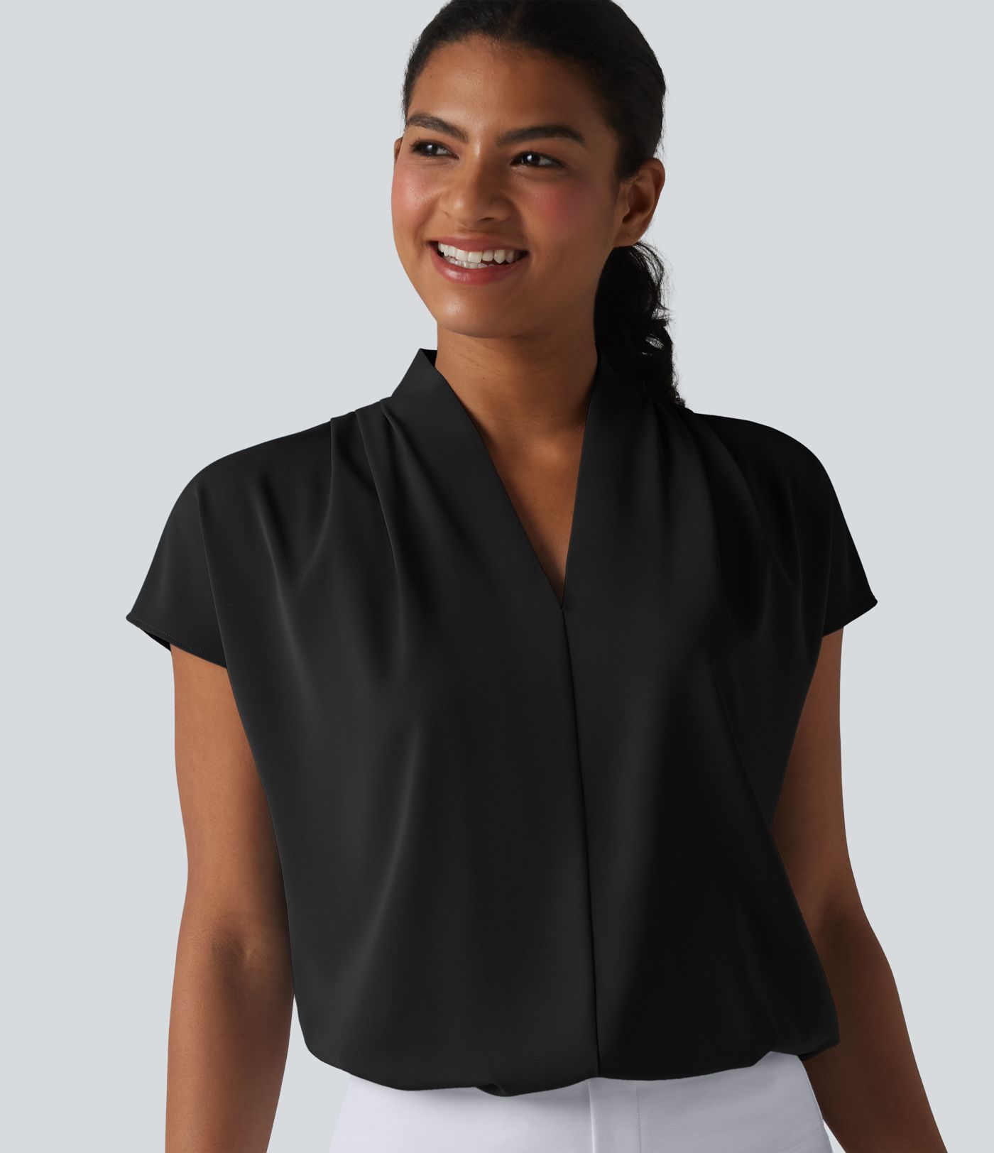 Wrinkle-resistant V-neck Batwing Sleeve Loose Fit Work Blouse