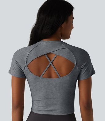 Yoga-Sport-Top mit Rundhalsausschnitt, kurzen Ärmeln und integriertem BH