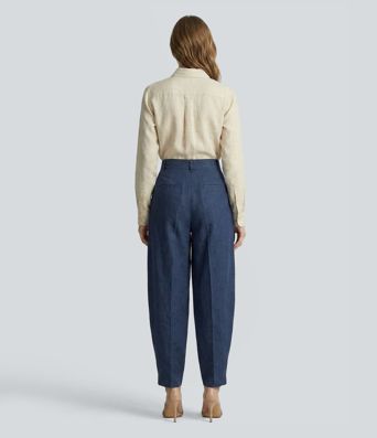 Bürohose in Leinenoptik mit mittelhohem Bund und Barrel-Leg