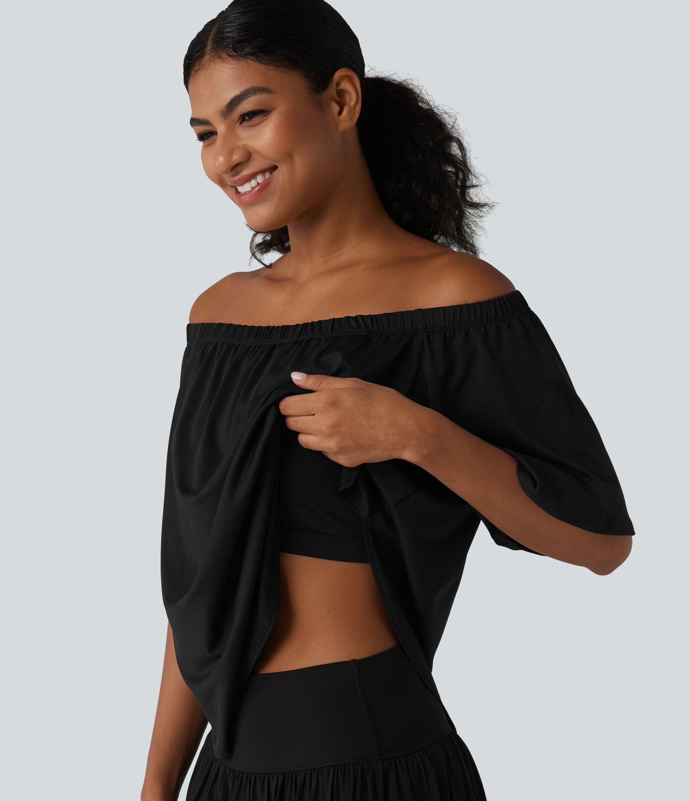 Off-shoulder Short Sleeve Split Curved Hem Built-in Bra Relaxed Casual T-Shirt Off-shoulder Short Sleeve Split Curved Hem Built-in Bra Relaxed Casual T-Shirt