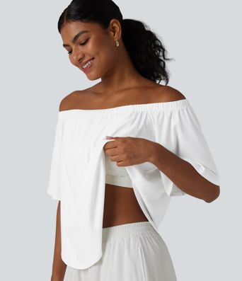 T-shirt épaules dénudées manches courtes avec fente, ourlet arrondi et soutien-gorge intégré coupe décontractée